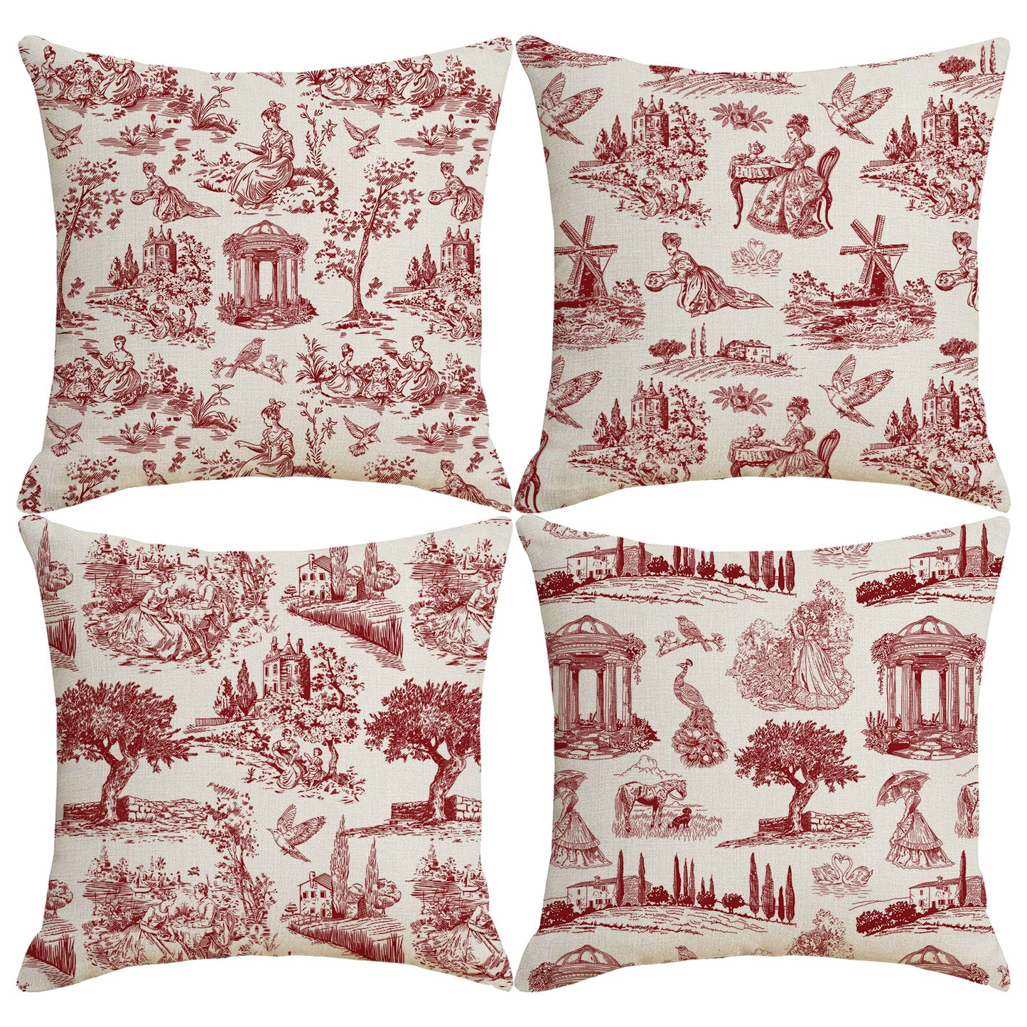 Toile Throw Pillow Covers 18x18 inch Set of 4 French Style Pillow Cases Vintage Scenery Decorative Cushion Covers