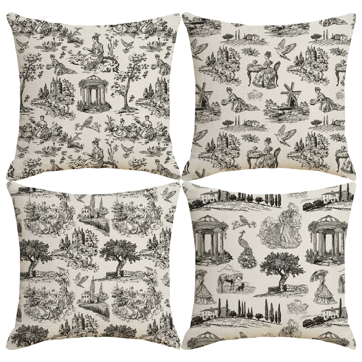 Toile Throw Pillow Covers 18x18 inch Set of 4 French Style Pillow Cases Vintage Scenery Decorative Cushion Covers