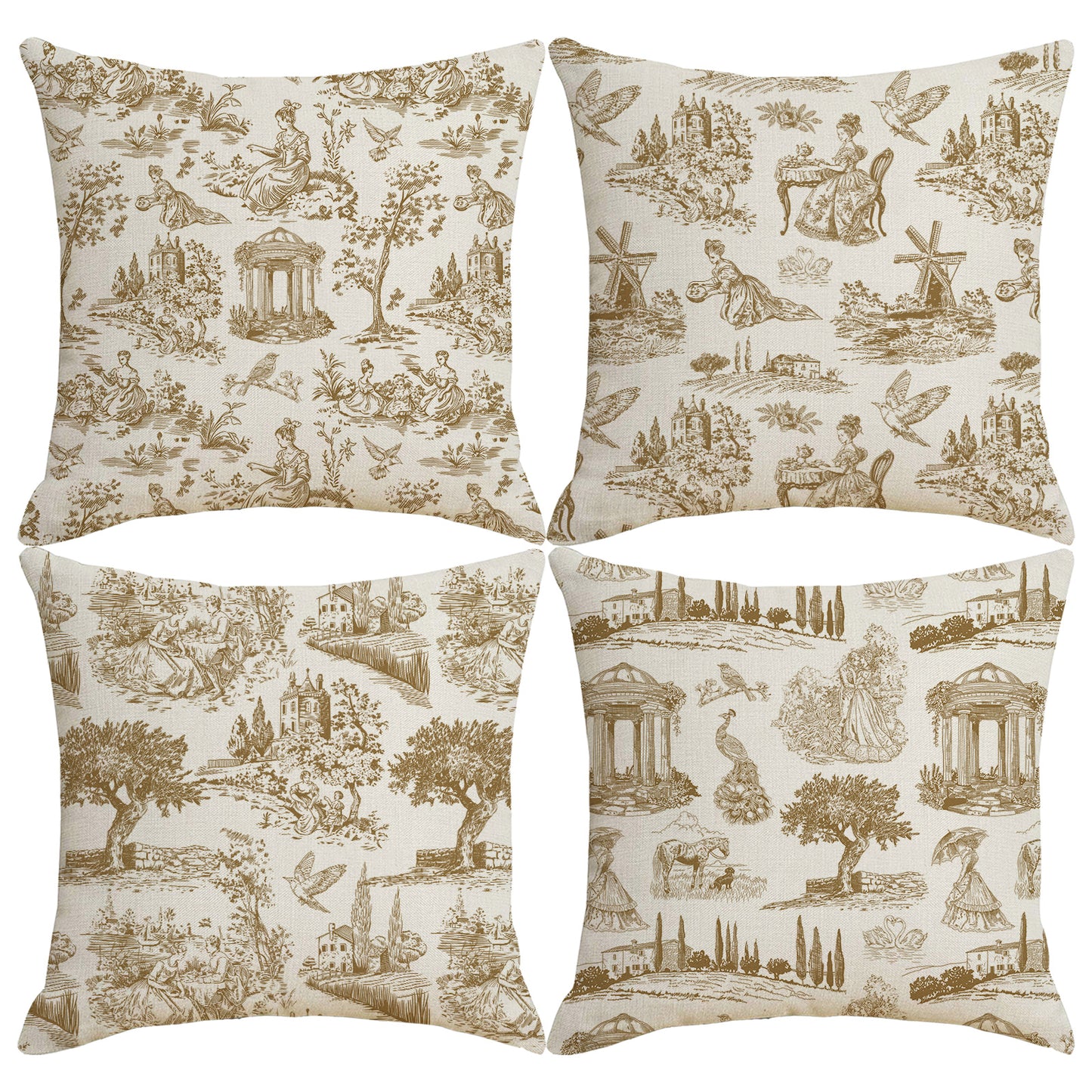 Toile Throw Pillow Covers 18x18 inch Set of 4 French Style Pillow Cases Vintage Scenery Decorative Cushion Covers