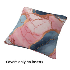 Single short-pile plush pillow cover with navy, blush and gray marble designs, shown without an insert