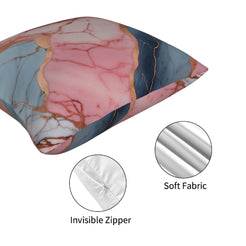 Zipper and fabric detail on a short-pile plush pillow cover with navy, blush and gray marble designs