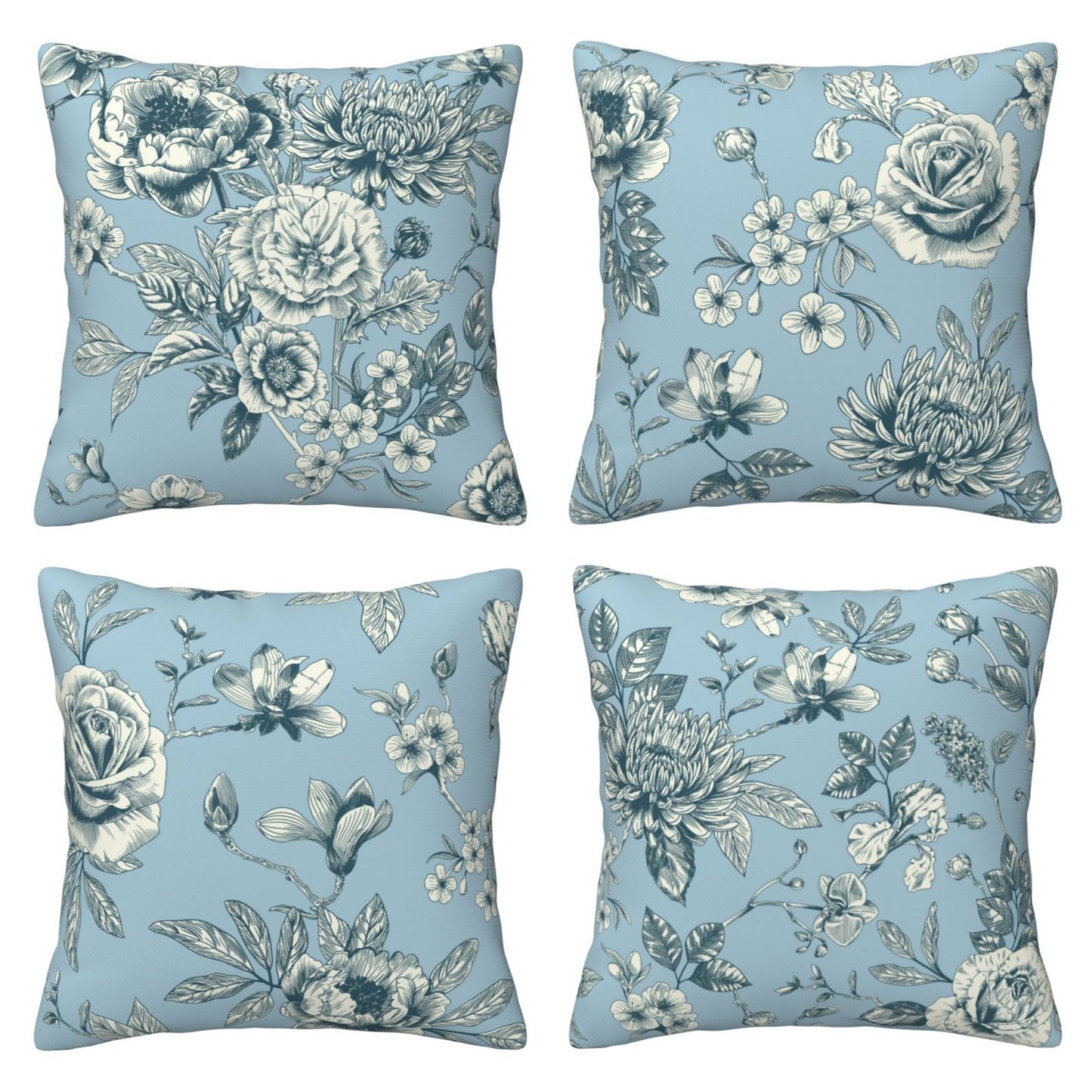 French Toile Throw Pillow Covers 18x18 inch Set of 4 Floral Chinoiserie Decorative Cushion Covers for Sofa Couch