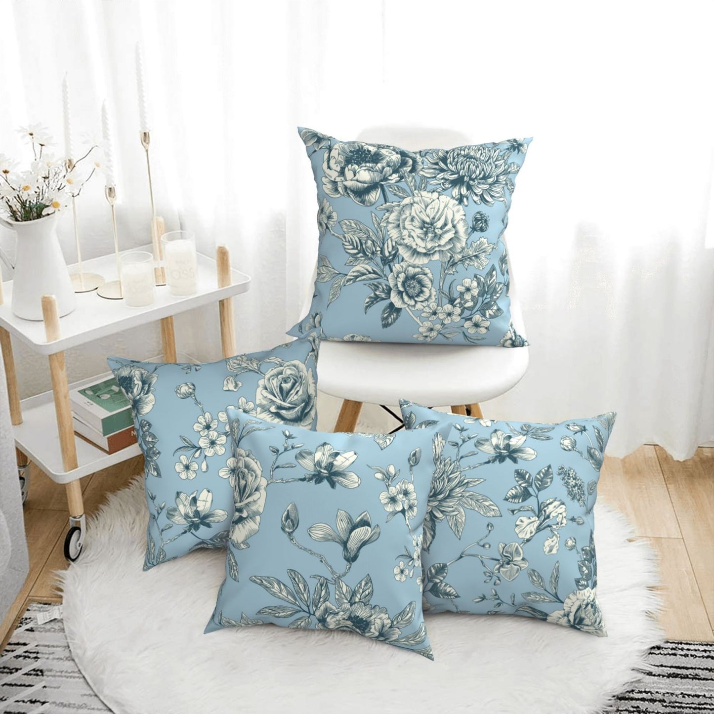 French Toile Throw Pillow Covers 18x18 inch Set of 4 Floral Chinoiserie Decorative Cushion Covers for Sofa Couch