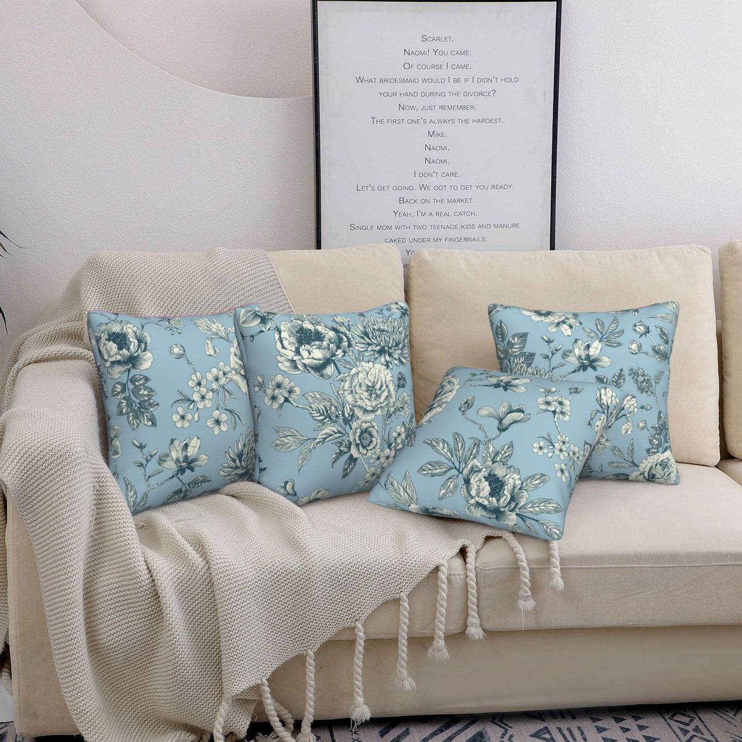 French Toile Throw Pillow Covers 18x18 inch Set of 4 Floral Chinoiserie Decorative Cushion Covers for Sofa Couch