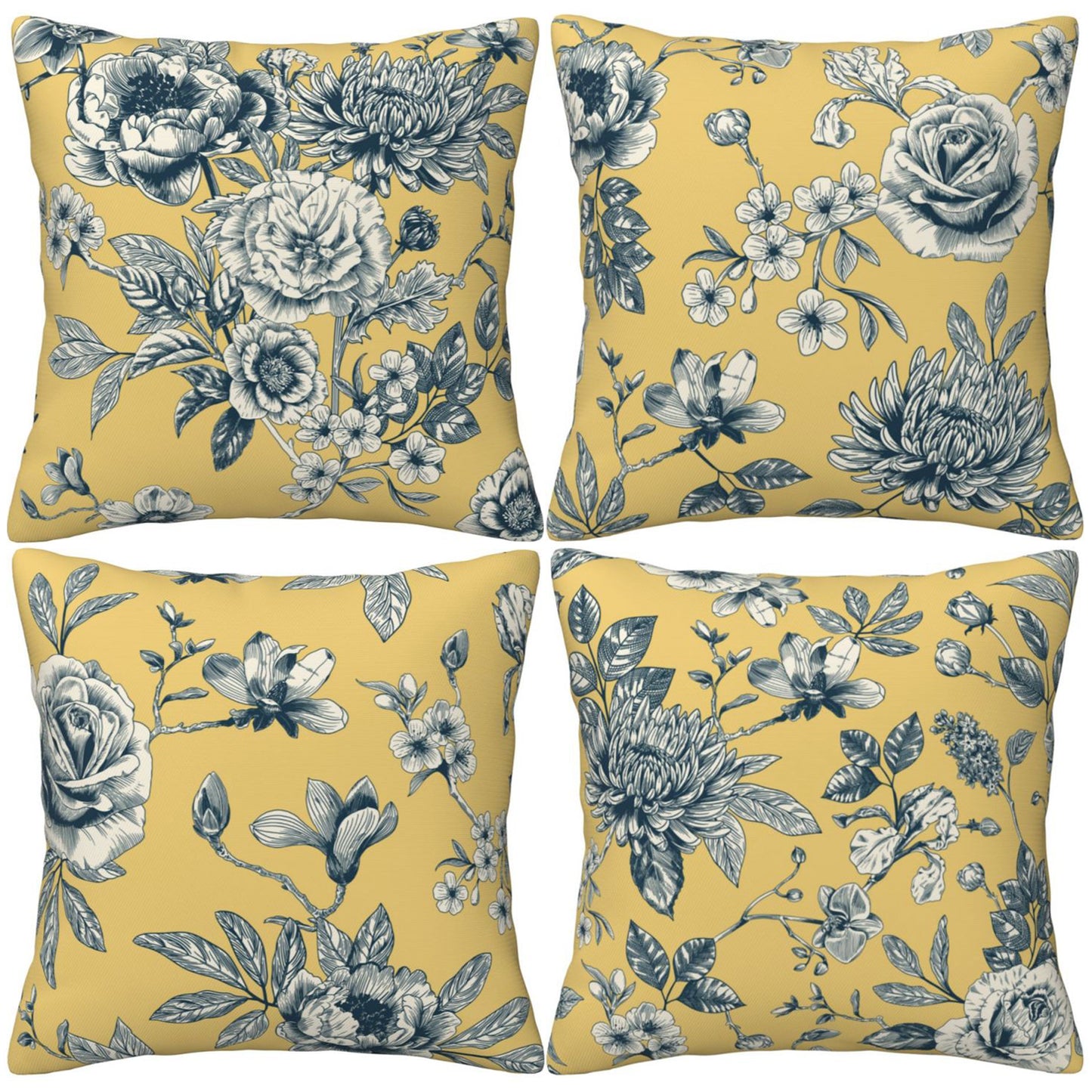 French Toile Throw Pillow Covers 18x18 inch Set of 4 Floral Chinoiserie Decorative Cushion Covers for Sofa Couch