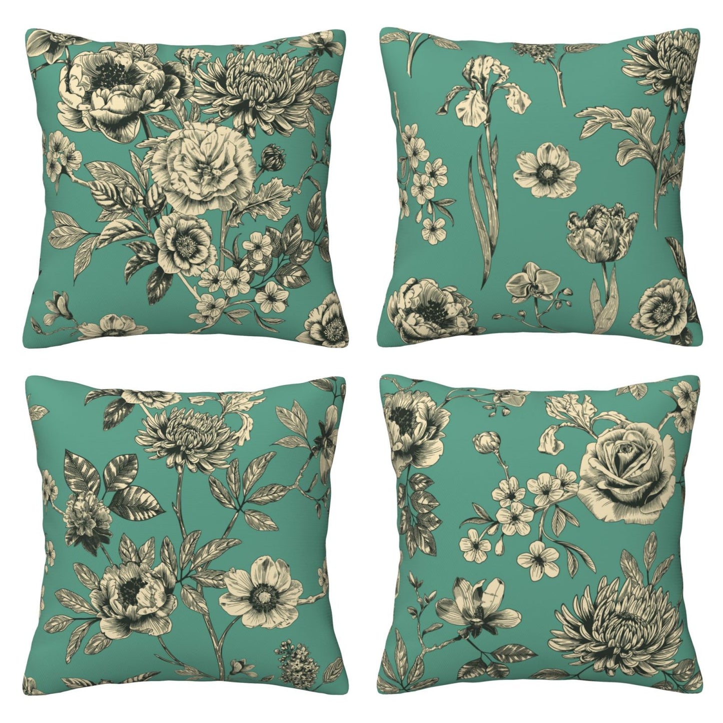 French Toile Throw Pillow Covers 18x18 inch Set of 4 Floral Chinoiserie Decorative Cushion Covers for Sofa Couch