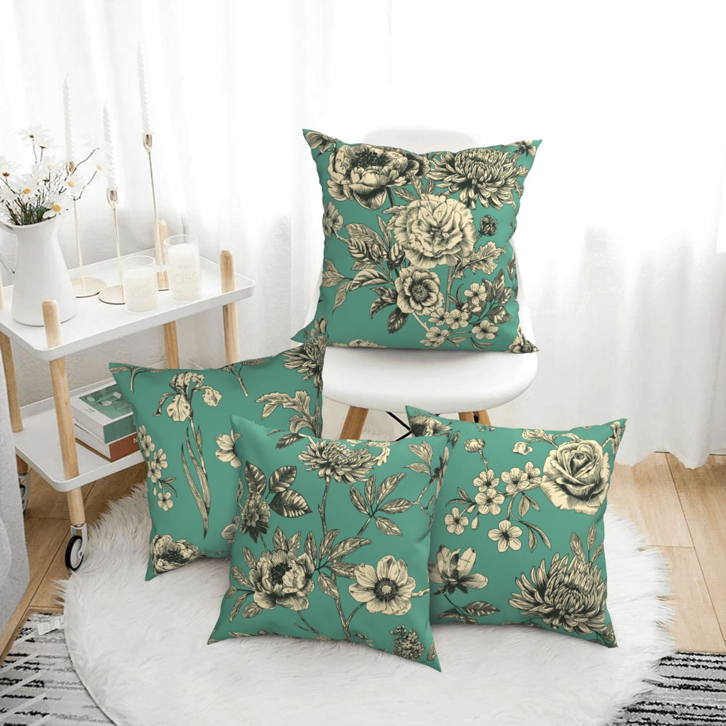 French Toile Throw Pillow Covers 18x18 inch Set of 4 Floral Chinoiserie Decorative Cushion Covers for Sofa Couch