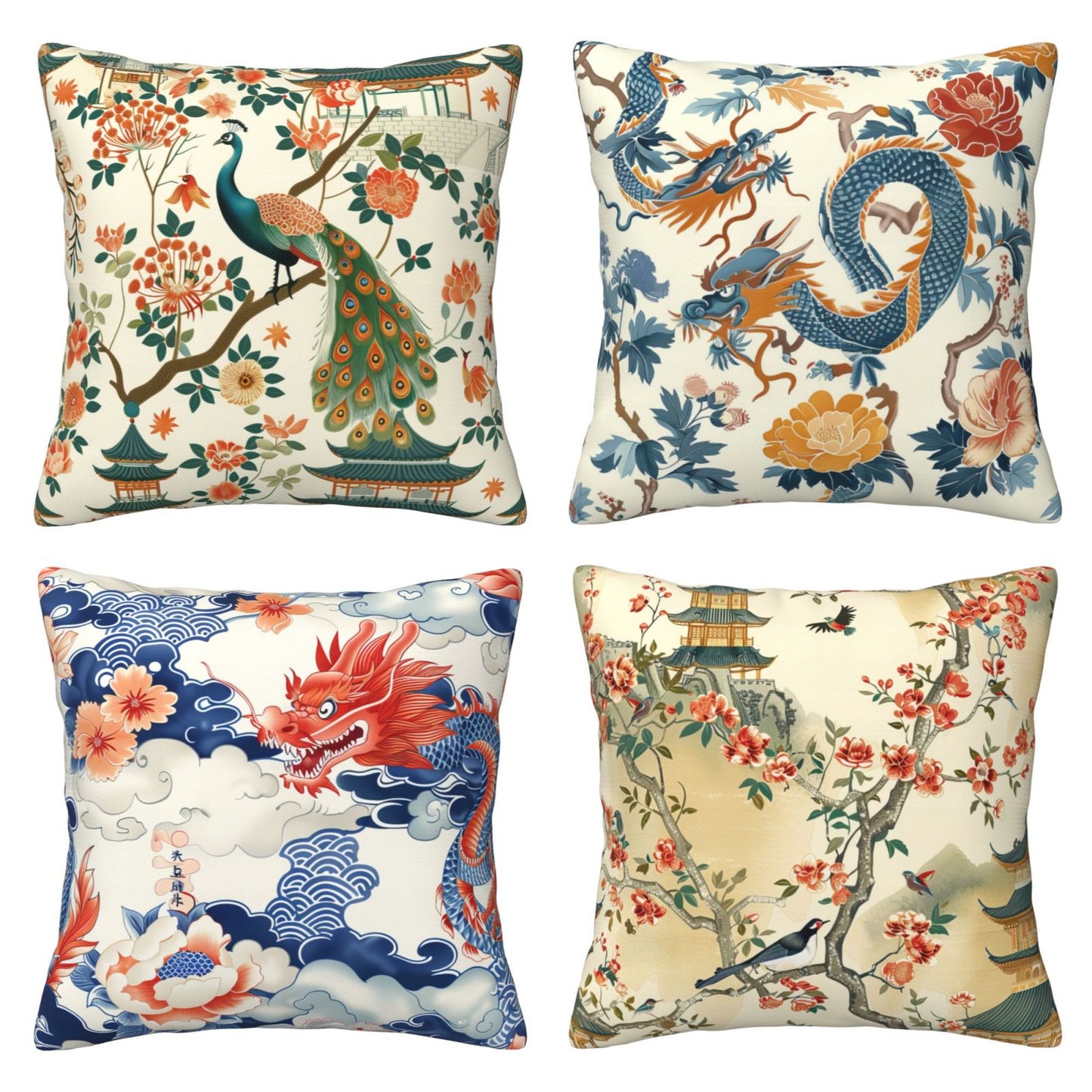 Chinoiserie Throw Pillow Covers 18x18 inch Set of 4 Vintage Floral Decorative Cushion Covers
