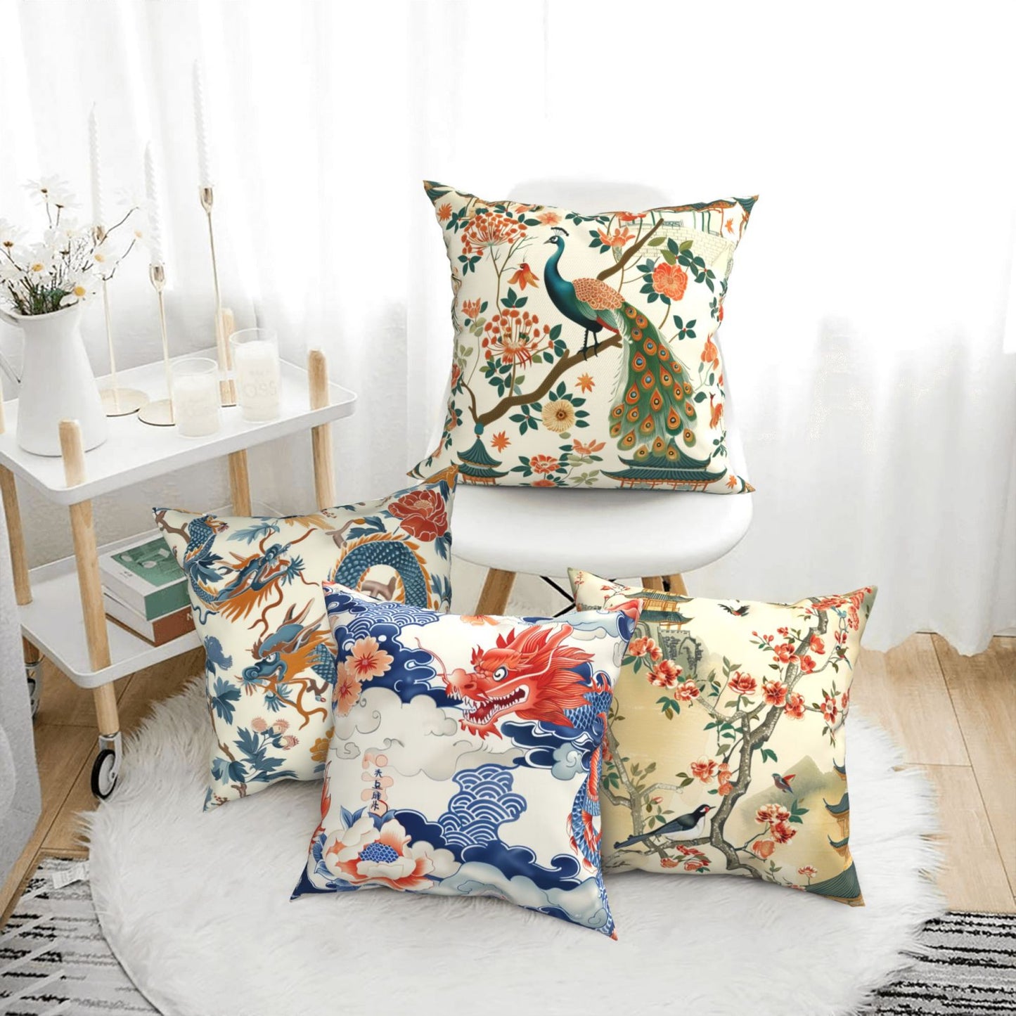 Chinoiserie Throw Pillow Covers 18x18 inch Set of 4 Vintage Floral Decorative Cushion Covers