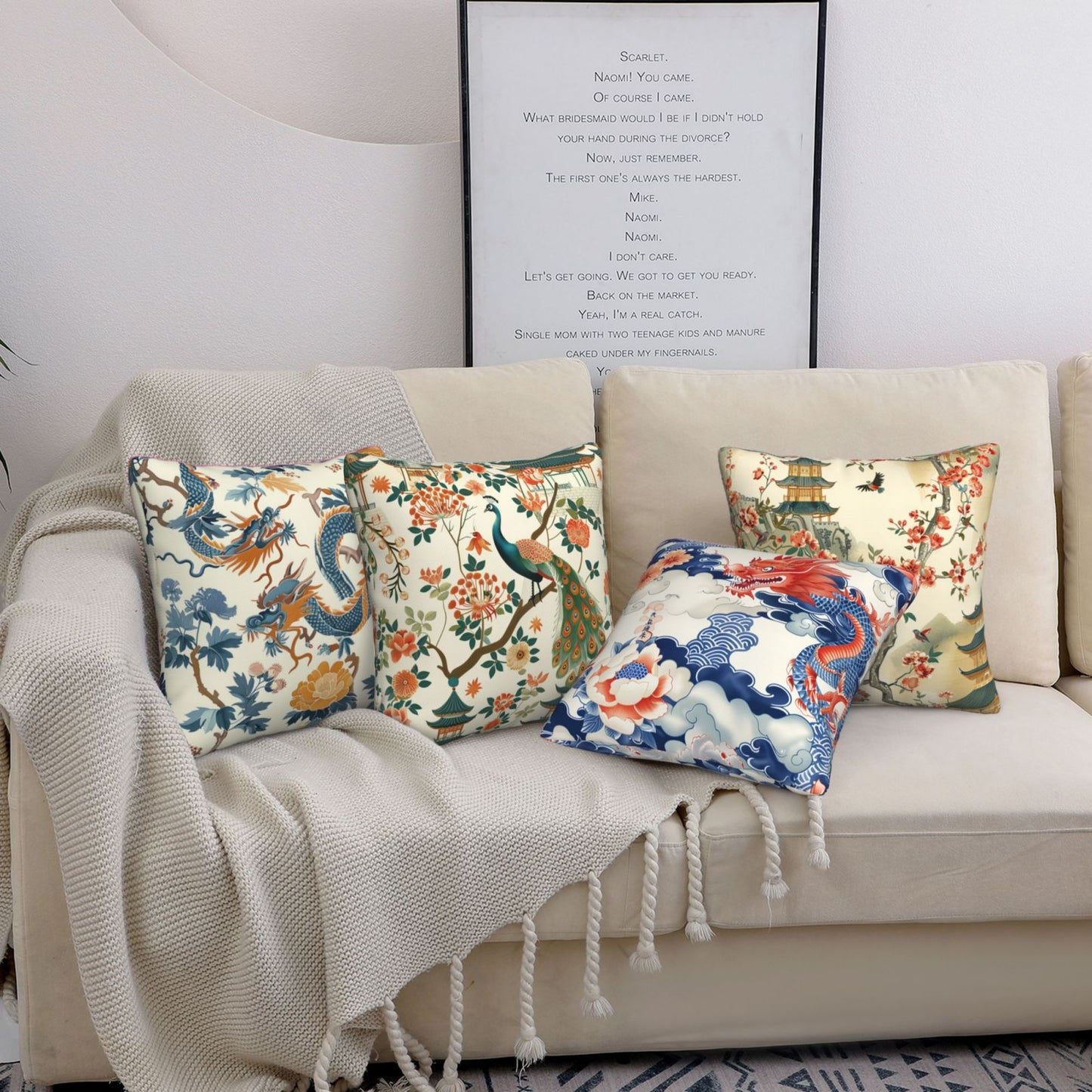 Chinoiserie Throw Pillow Covers 18x18 inch Set of 4 Vintage Floral Decorative Cushion Covers