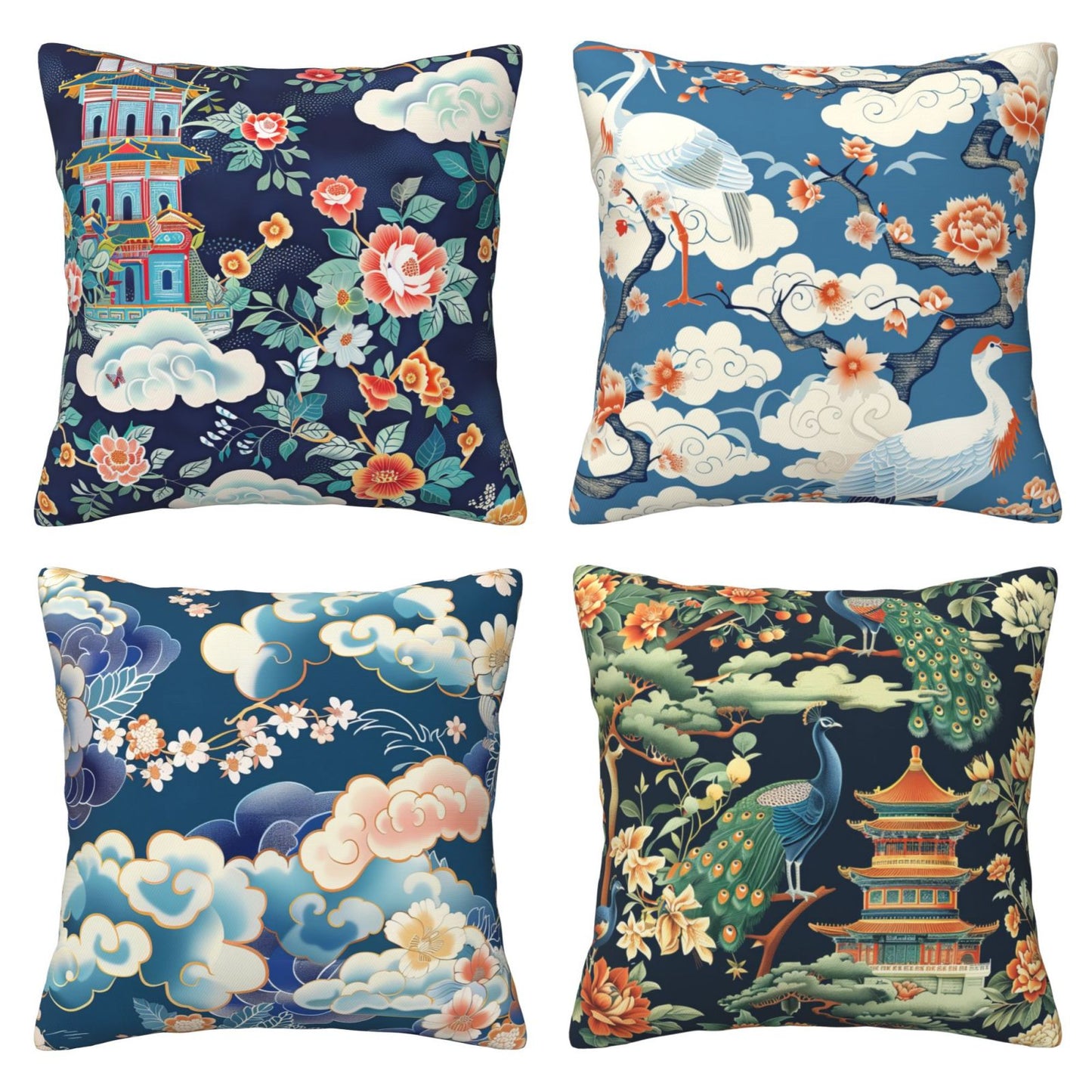 Chinoiserie Throw Pillow Covers 18x18 inch Set of 4 Vintage Floral Decorative Cushion Covers