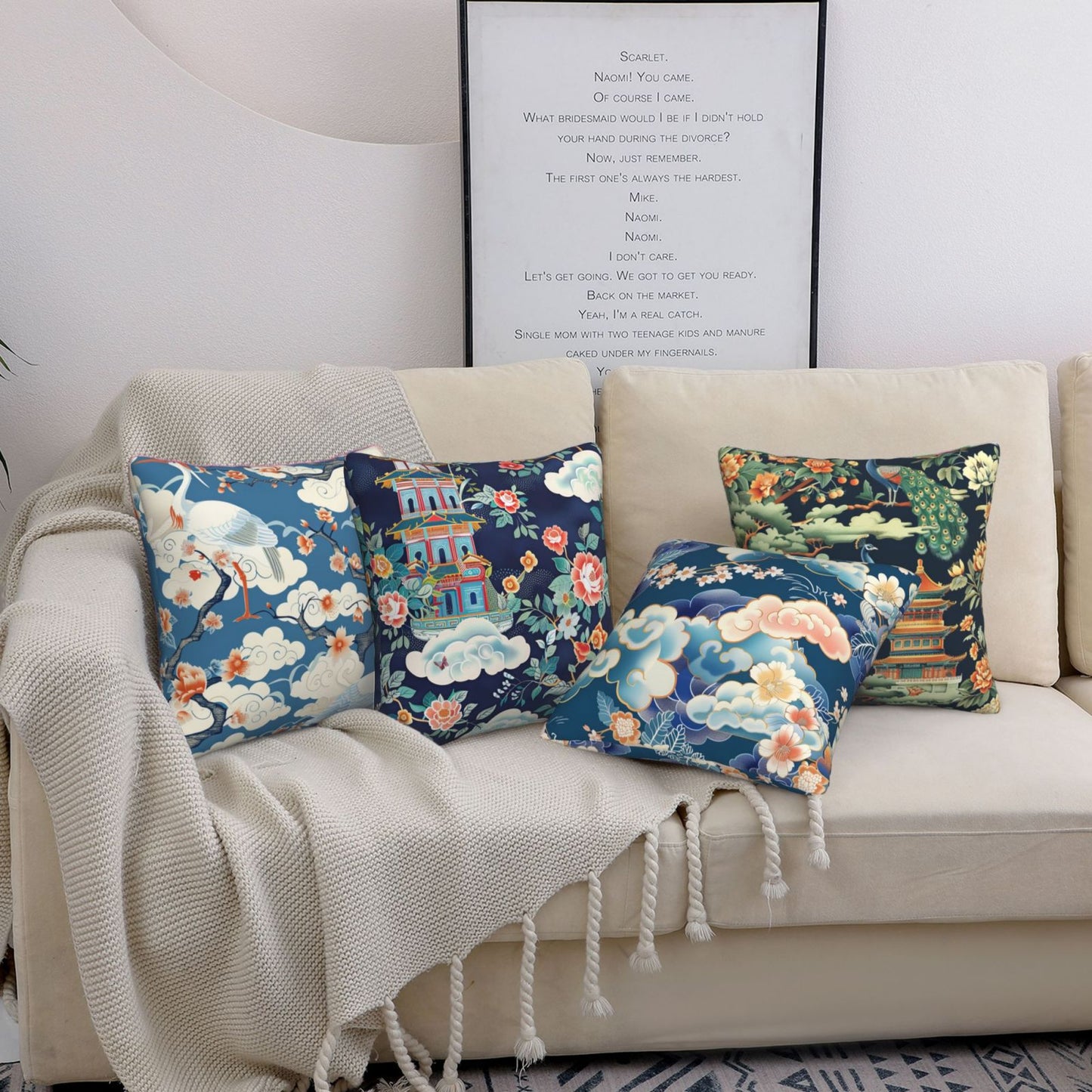Chinoiserie Throw Pillow Covers 18x18 inch Set of 4 Vintage Floral Decorative Cushion Covers