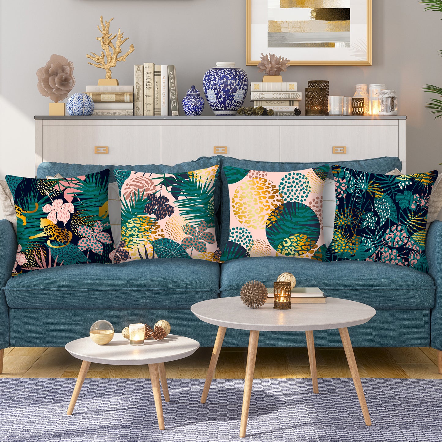 Tropical Leaf Throw Pillow Covers 18x18 inch Set of 4 Leopard Print Botanical Decorative Cushion Covers