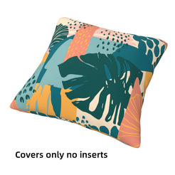 Short-pile plush pillow cover with coral, teal and mustard tropical leaves, shown without an insert