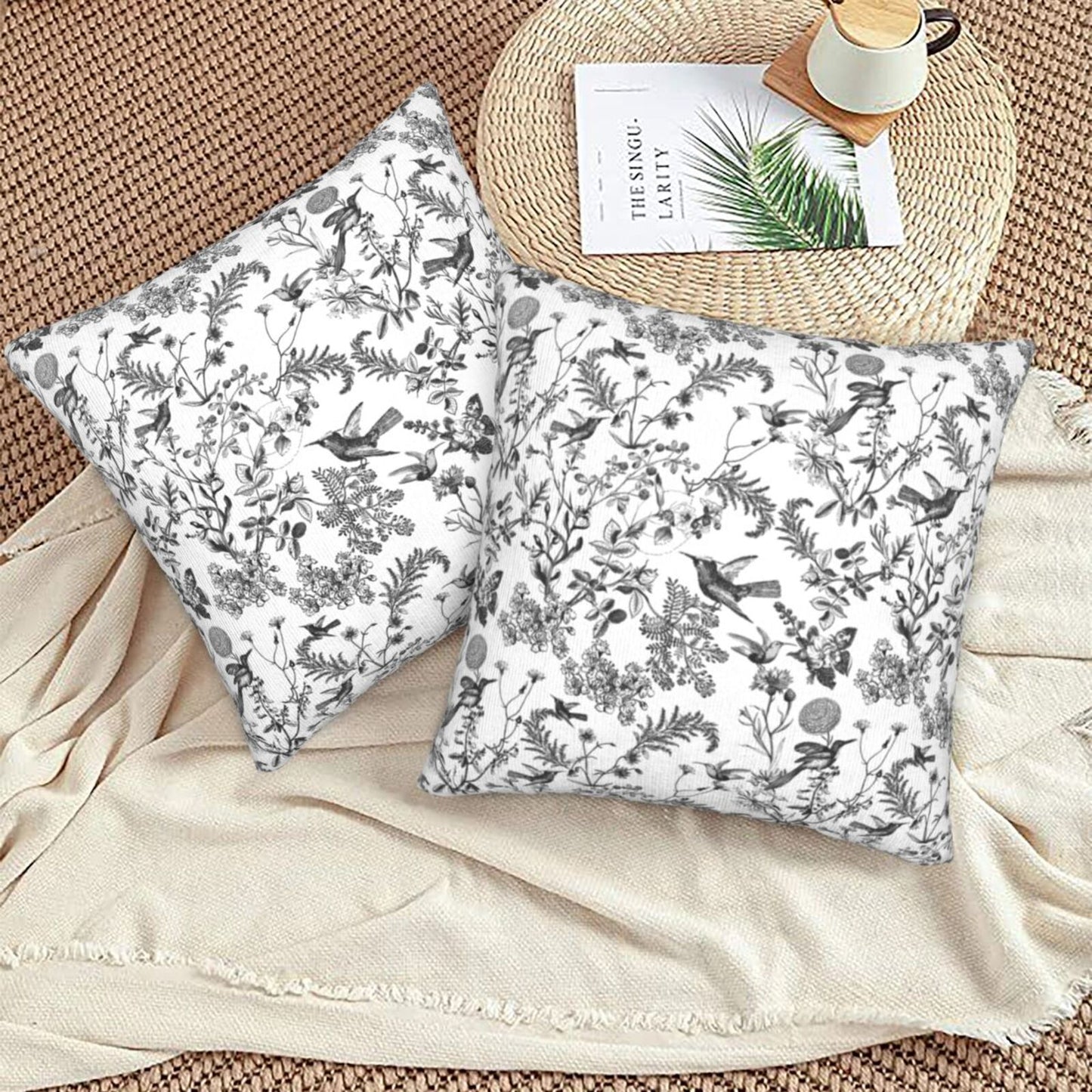 Toile Floral Throw Pillow Covers 18x18 inch Set of 2 Wildflower Farmhouse Decorative Cushion Covers