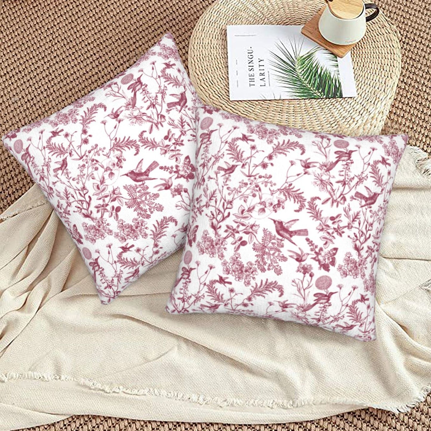 Toile Floral Throw Pillow Covers 18x18 inch Set of 2 Wildflower Farmhouse Decorative Cushion Covers
