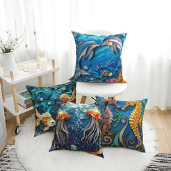 Coastal short-pile plush pillow covers with dolphins, koi fish, jellyfish and seahorses, styled in a bright room