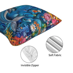 Hidden zipper and short-pile plush detail on a dolphin and reef pillow cover