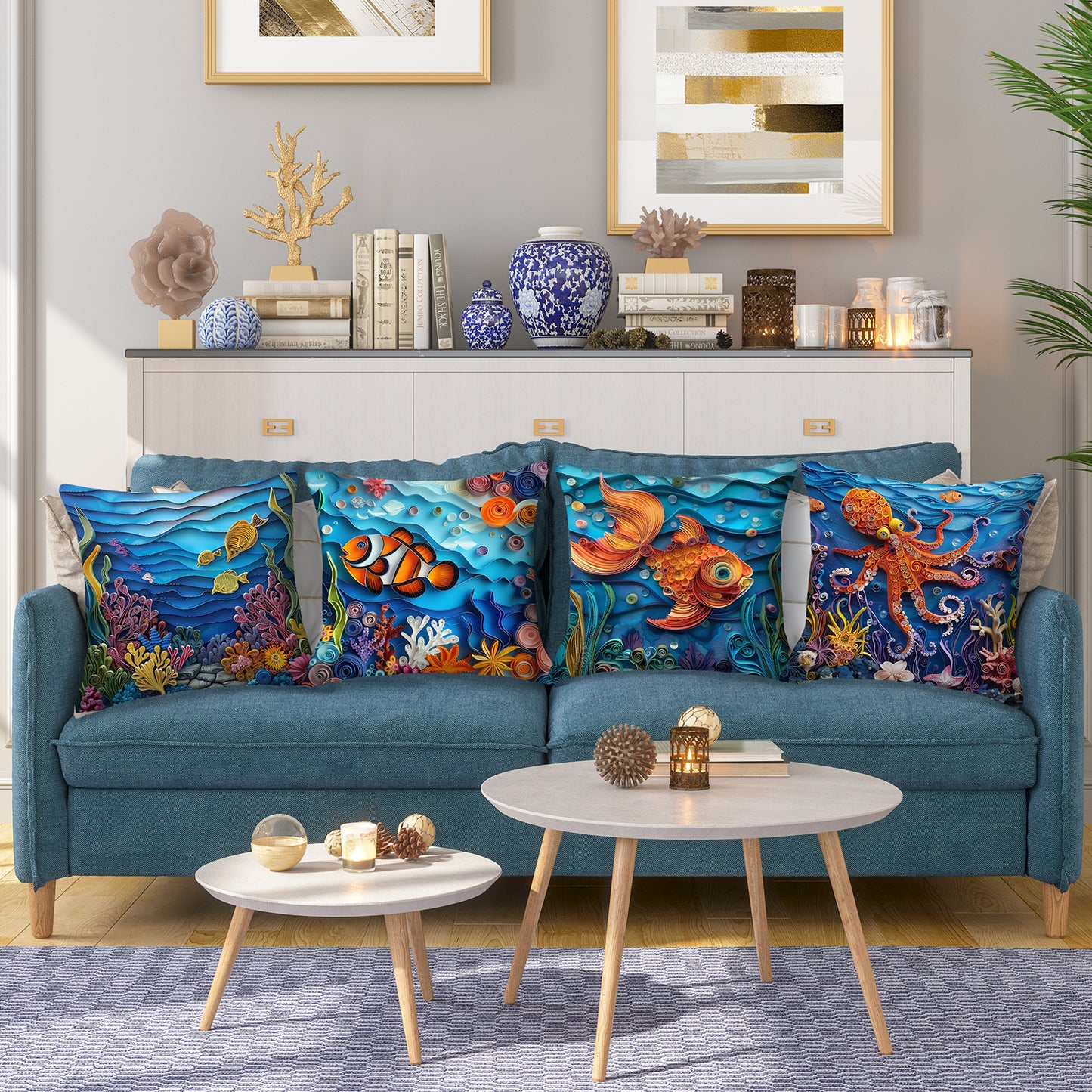 Sea Throw Pillow Covers 18x18 inch Set of 4 Blue Coastal Decorative Cushion Covers