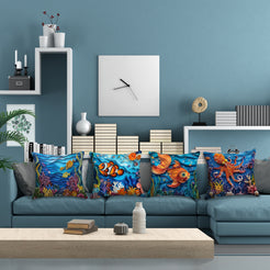Coastal short-pile plush pillow covers with sea turtles, clownfish, octopuses and coral reefs, styled in a modern living room