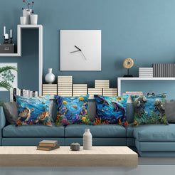 Coastal short-pile plush pillow covers with sea turtles, tropical fish, whales and manatees, styled in a modern living room