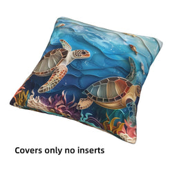 Sea turtle and tropical fish short-pile plush pillow cover shown without an insert