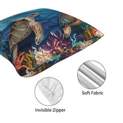 Hidden zipper and short-pile plush detail on a sea turtle and tropical fish pillow cover
