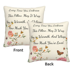 Front and reverse views of a velvet pillow cover with cream floral pattern and heartfelt love quote