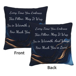 Front and reverse views of a velvet pillow cover with navy blue marble pattern and heartfelt love quote