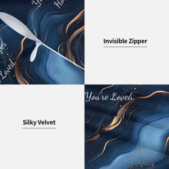 Hidden zipper and soft velvet detail on a pillow cover with navy blue marble pattern and heartfelt love quote