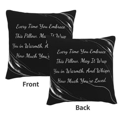 Front and reverse views of a velvet pillow cover with black marble pattern and heartfelt love quote