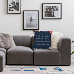 Velvet pillow cover with navy soccer pattern and heartfelt love quote, styled on a sofa