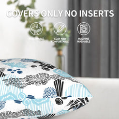 Velvet pillow cover with abstract blue coral and shells, shown without an insert