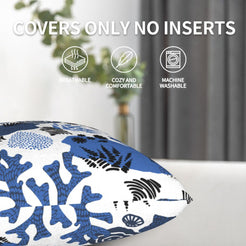 Velvet pillow cover with blue coral garden motifs, shown without an insert