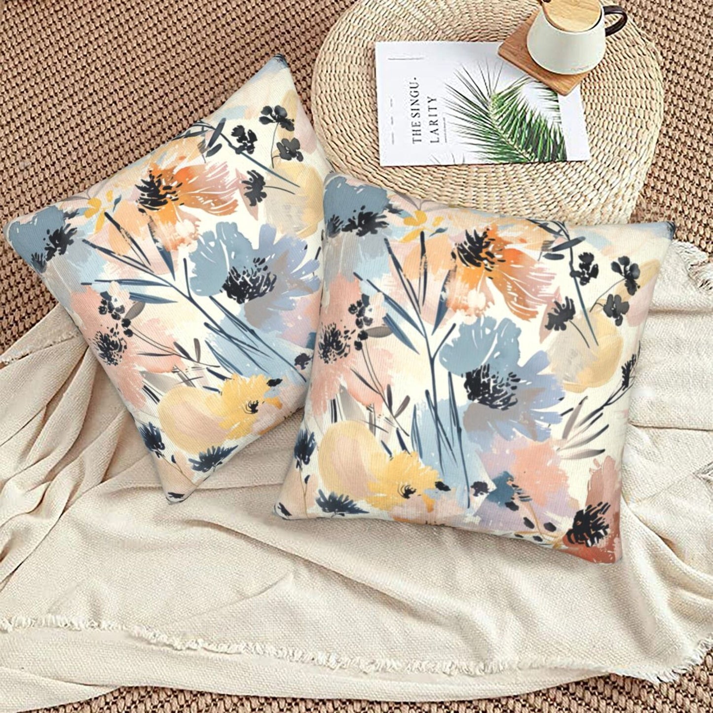 Watercolor Floral Throw Pillow Covers 18x18 inch Set of 2 Meadow Wild Flower Pillow Cases Abstract Decorative Cushion Covers