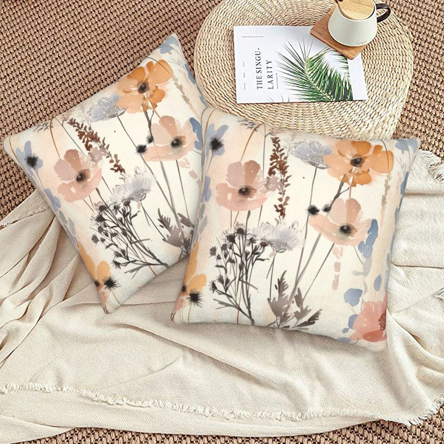 Watercolor Floral Throw Pillow Covers 18x18 inch Set of 2 Meadow Wild Flower Pillow Cases Abstract Decorative Cushion Covers