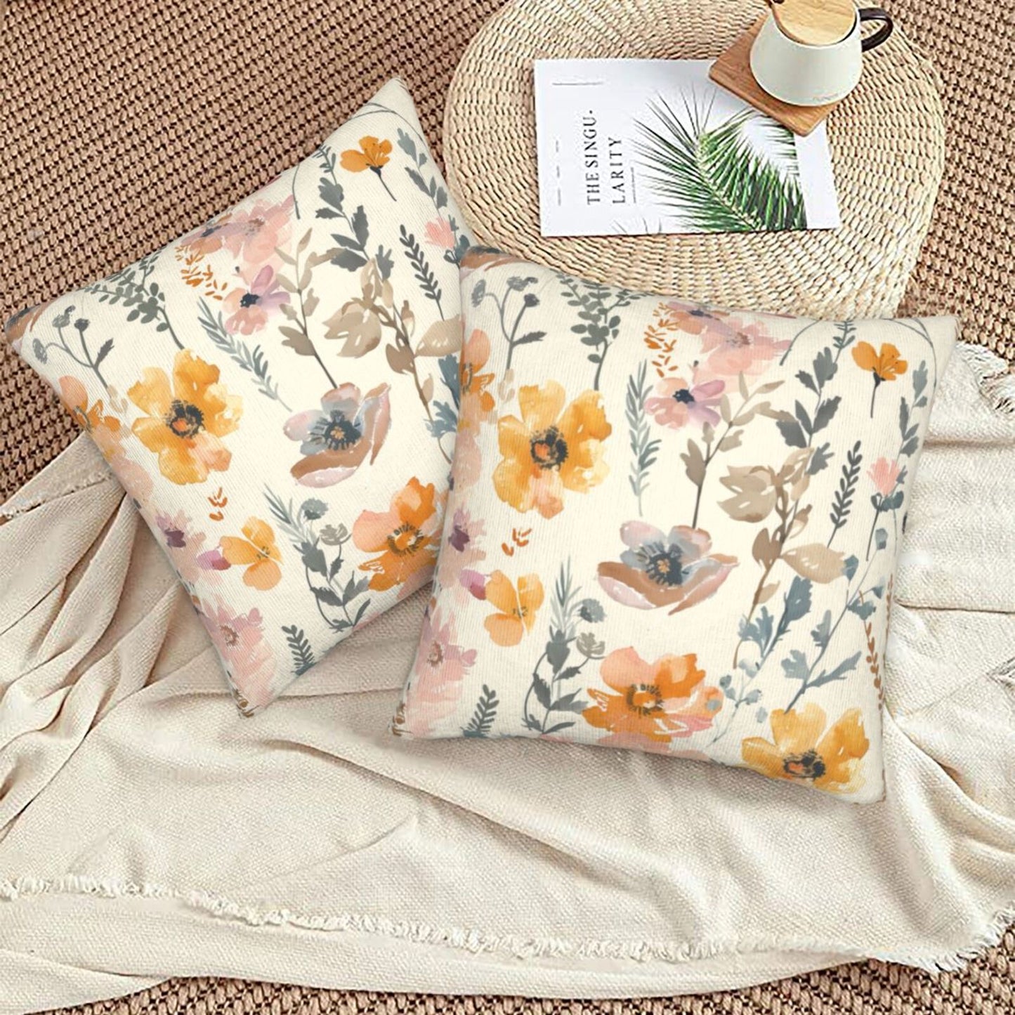 Watercolor Floral Throw Pillow Covers 18x18 inch Set of 2 Meadow Wild Flower Pillow Cases Abstract Decorative Cushion Covers