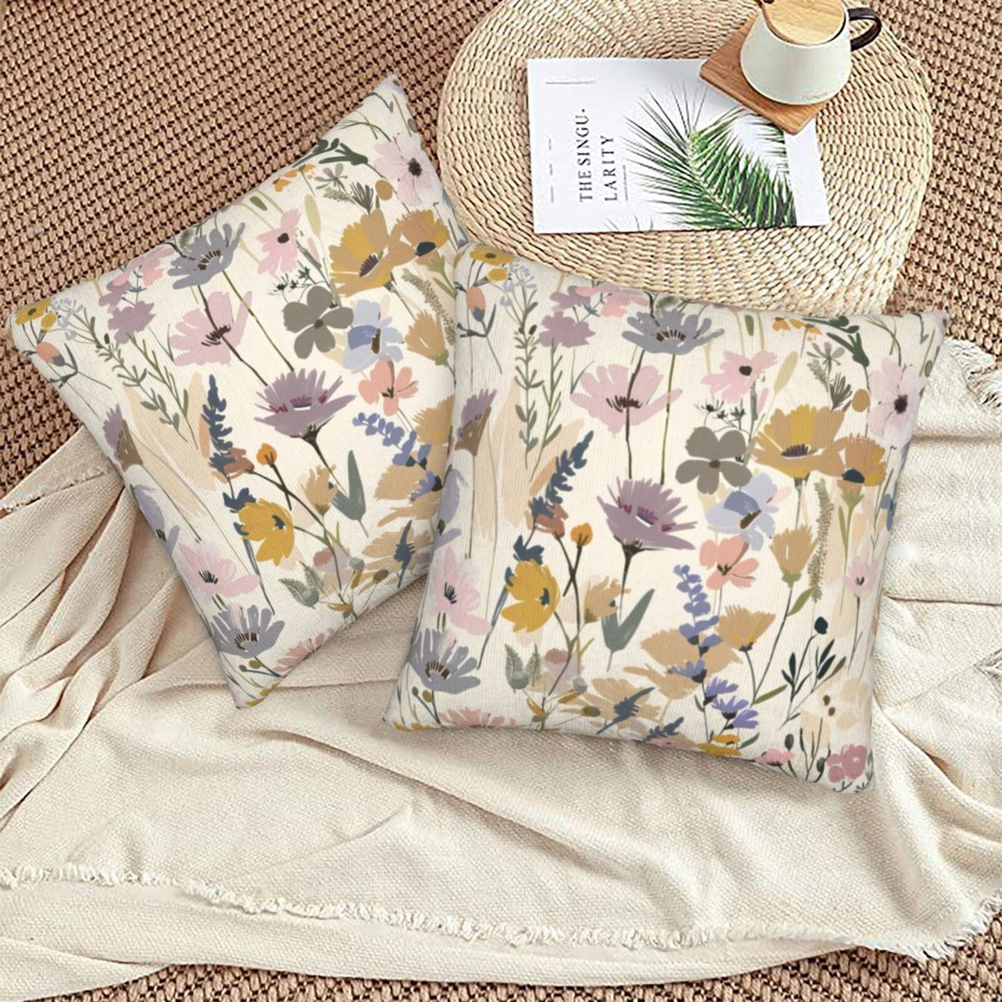 Watercolor Floral Throw Pillow Covers 18x18 inch Set of 2 Meadow Wild Flower Pillow Cases Abstract Decorative Cushion Covers