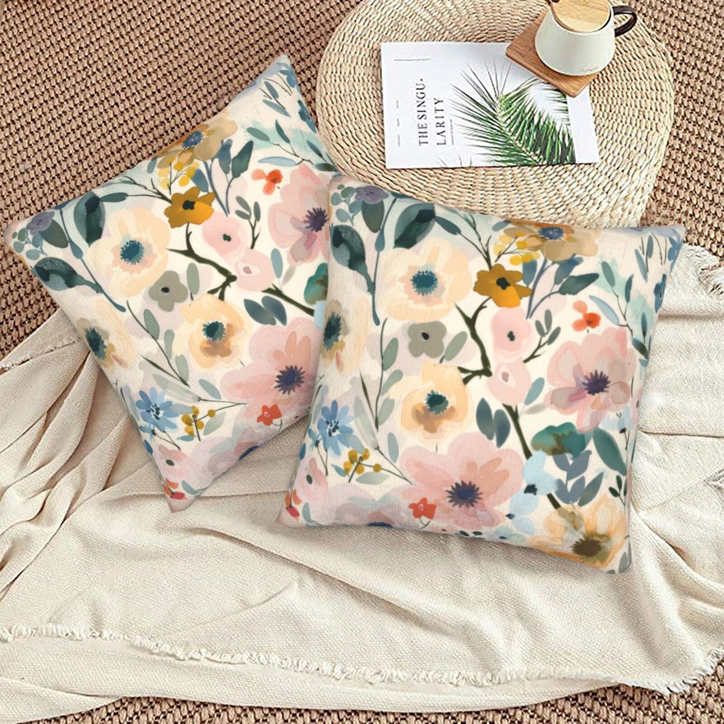 Watercolor Floral Throw Pillow Covers 18x18 inch Set of 2 Meadow Wild Flower Pillow Cases Abstract Decorative Cushion Covers