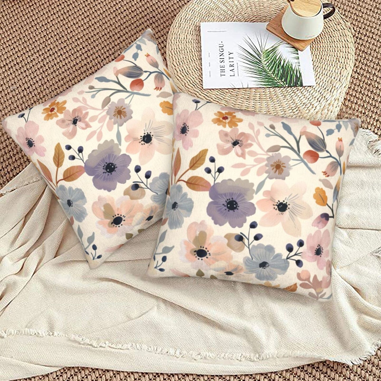 Watercolor Floral Throw Pillow Covers 18x18 inch Set of 2 Meadow Wild Flower Pillow Cases Abstract Decorative Cushion Covers