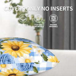 Velvet pillow cover with sunflowers, blue roses and blue gingham, shown without an insert
