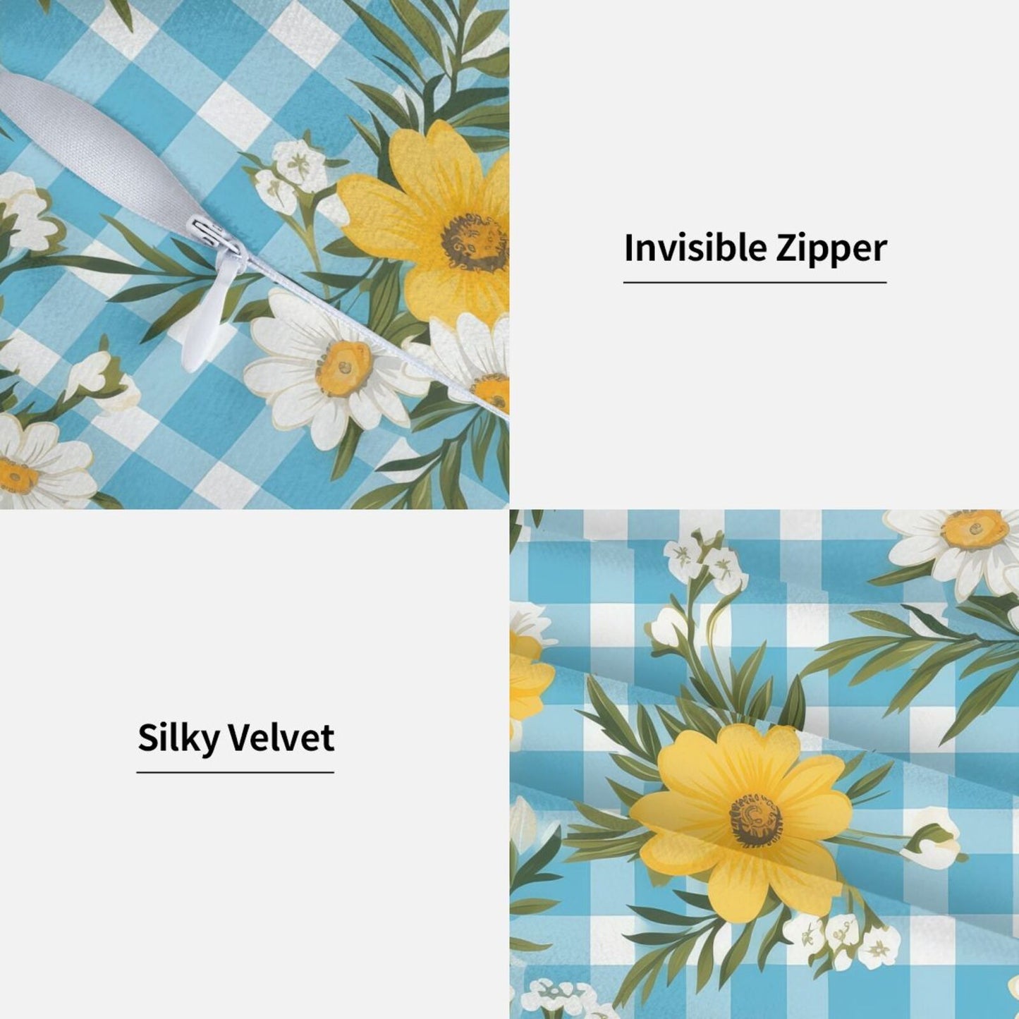 Gingham Floral Throw Pillow Covers 18x18 inch Set of 2 Plaid Velvet Decorative Cushion Covers