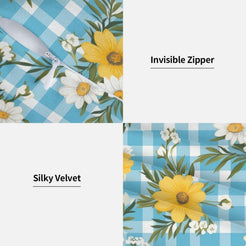 Hidden zipper and velvet detail on a pillow cover with yellow daisies and aqua gingham