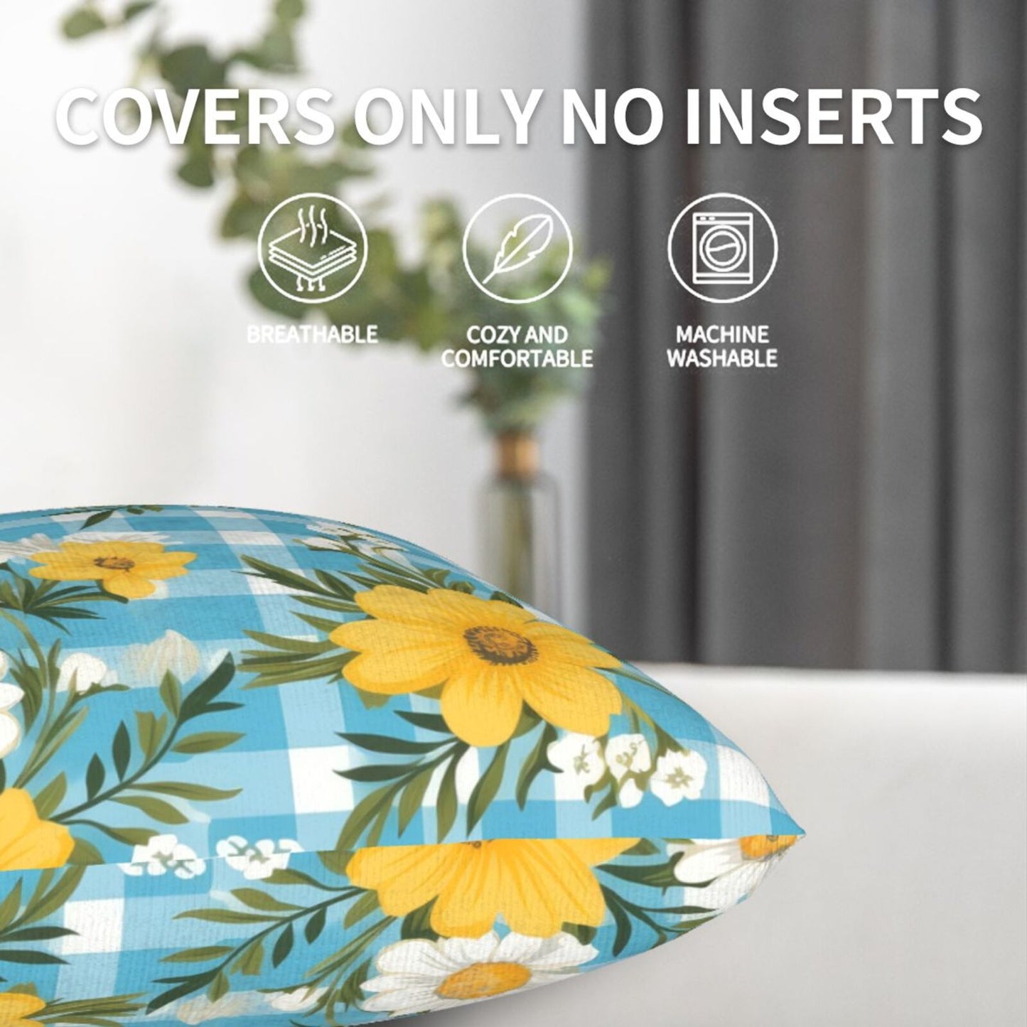 Gingham Floral Throw Pillow Covers 18x18 inch Set of 2 Plaid Velvet Decorative Cushion Covers