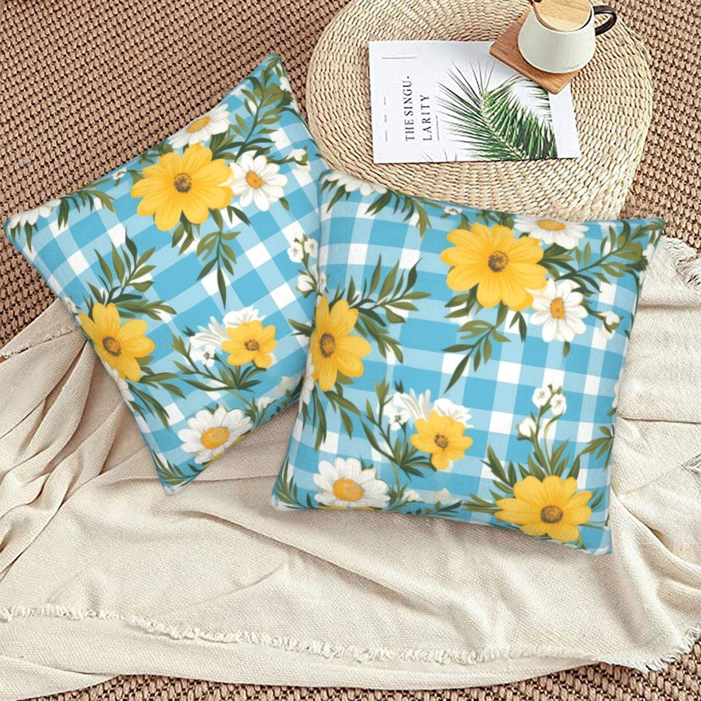 Gingham Floral Throw Pillow Covers 18x18 inch Set of 2 Plaid Velvet Decorative Cushion Covers