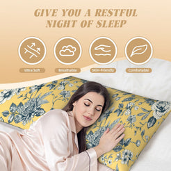 Mustard yellow toile body pillow cover shown as a soft sleeping surface