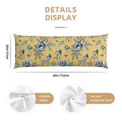 60-inch mustard body pillow cover with repeating blue roses