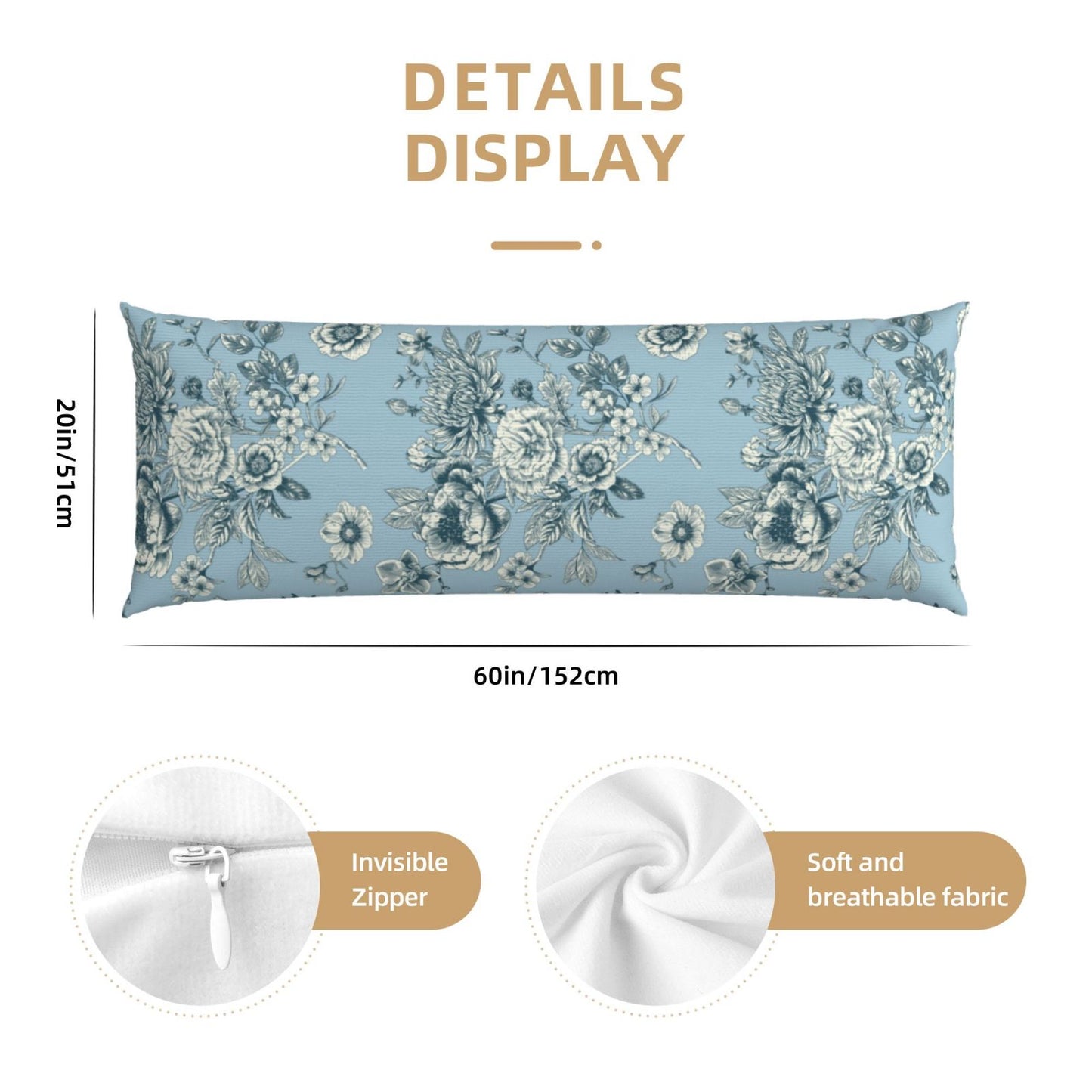 Toile Body Pillow Cover Chinoiserie Flowers Long Pillow Case French Country Decorative Cushion Cover
