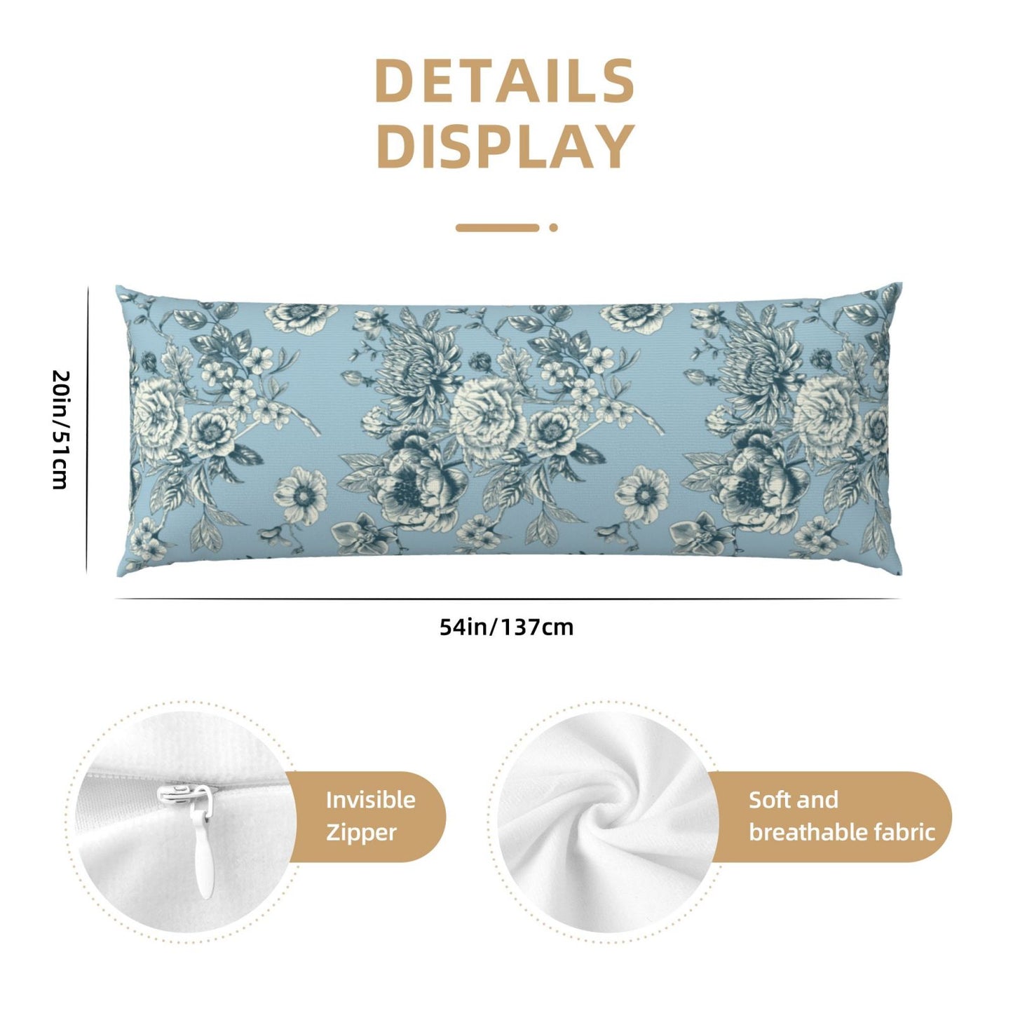 Toile Body Pillow Cover Chinoiserie Flowers Long Pillow Case French Country Decorative Cushion Cover