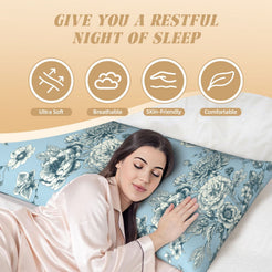 Light blue toile body pillow cover shown as a soft sleeping surface